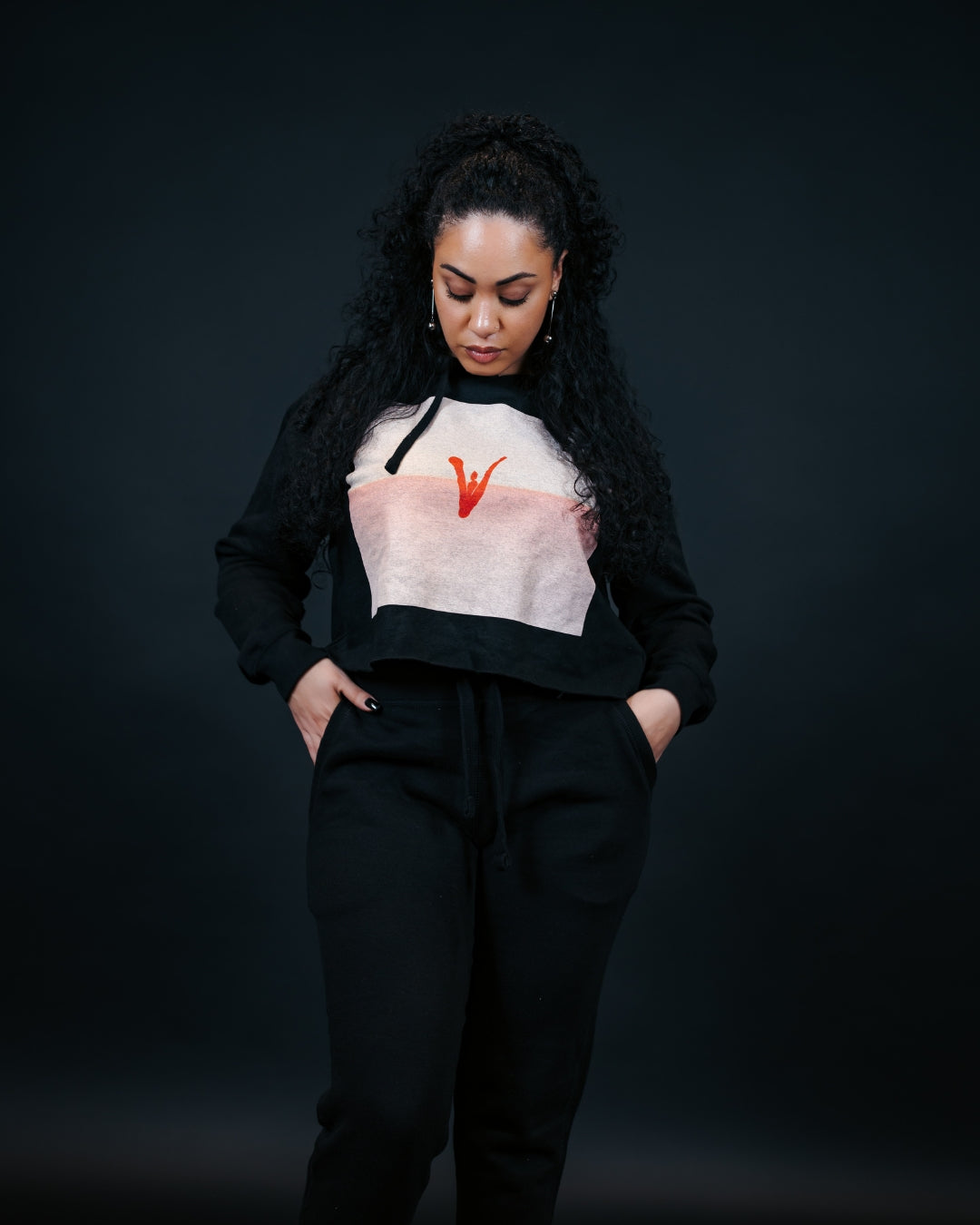Crop Top Black Hoodies Red Logo